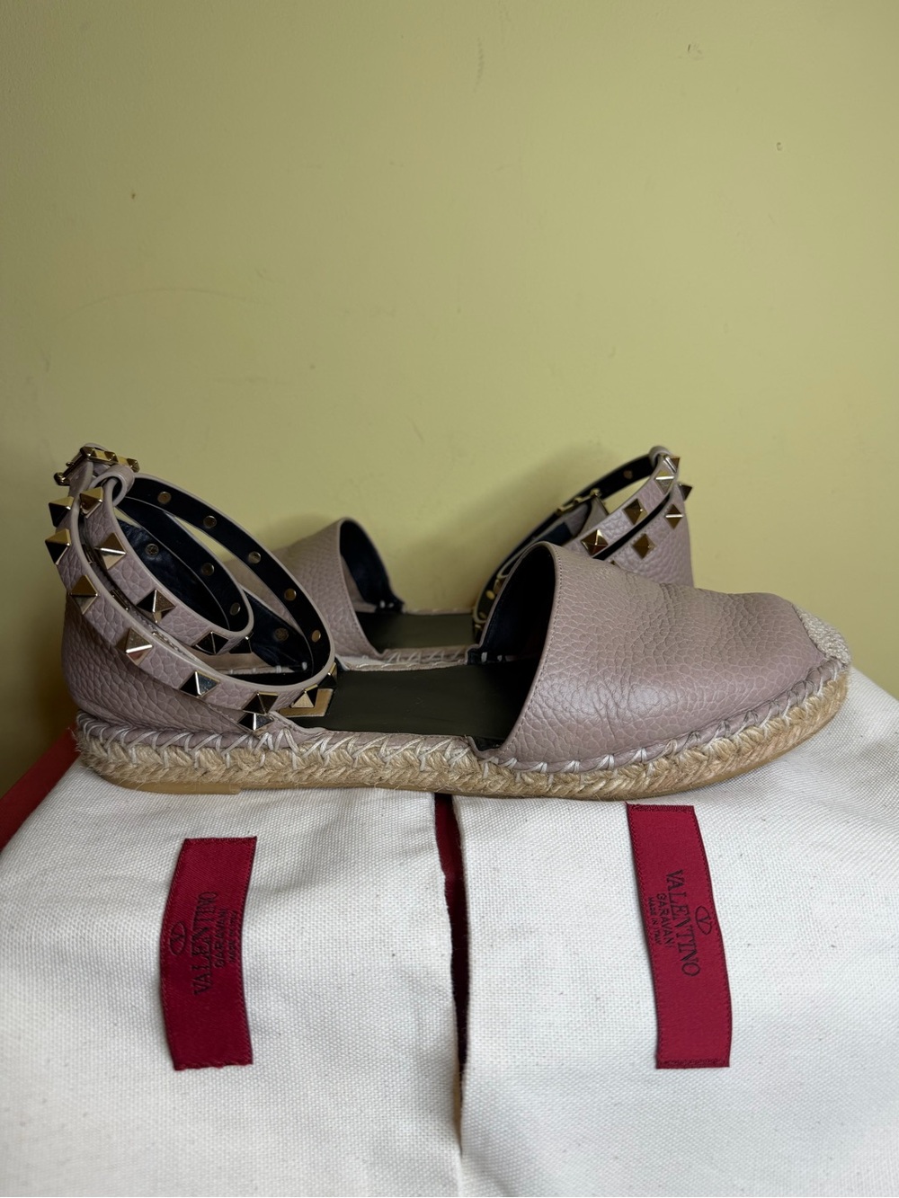 Valentino Garavani Taupe Leather Espadrille Flats, Size UK 38/ US 8